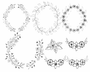 Collection of hand drawn floral wreaths and botanical elements in black and white
