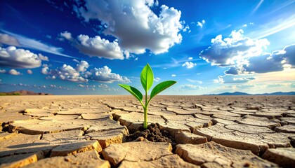 A small green shoot growing from dry, cracked soil under a bright blue sky with white clouds. This image symbolizes hope, resilience, new life, and the ability to adapt to the elements