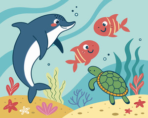 Cute cartoon dolphin fish and turtle swimming underwater with coral and seaweed