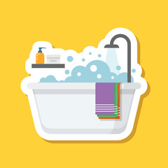 Obraz premium Bath sticker icon in flat style. Bathroom vector illustration on isolated background. Bathtub sign business concept.