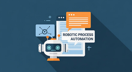 Illustration of a robot with speech bubbles and a document on a blue background design art