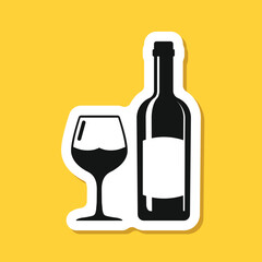 Wine bottle with glass sticker icon in flat style. Alcohol drink vector illustration on isolated background. Champagne beverage sign business concept.