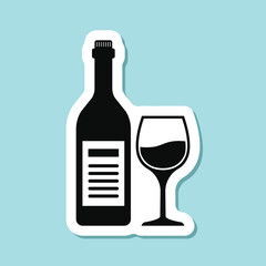 Wine bottle with glass sticker icon in flat style. Alcohol drink vector illustration on isolated background. Champagne beverage sign business concept.