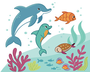 Cute cartoon dolphins fish and turtle swimming in the ocean