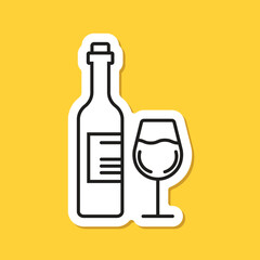 Wine bottle with glass sticker icon in flat style. Alcohol drink vector illustration on isolated background. Champagne beverage sign business concept.