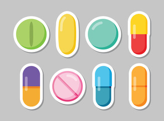 Pills capsules sticker icon set collection in flat style. Medical tablet vector illustration on isolated background. Healthcare drug sign business concept.