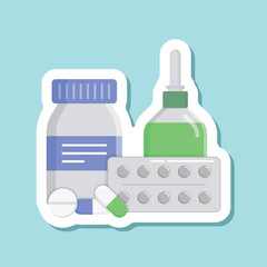 Fototapeta premium Pills capsules sticker icon set collection in flat style. Medical tablet vector illustration on isolated background. Healthcare drug sign business concept.