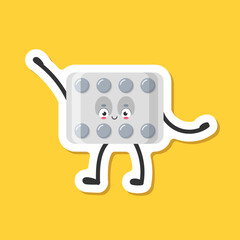 Cute character pills sticker icon in flat style. Happy tablet vector illustration on isolated background. Medical drug sign business concept.