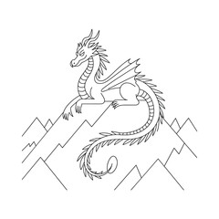 Majestic dragon perched atop jagged mountain peaks in stylized outline art