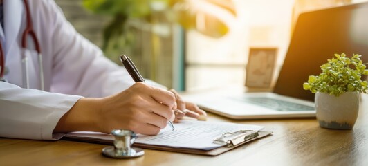 The doctor writing notes in a modern healthcare office setting.