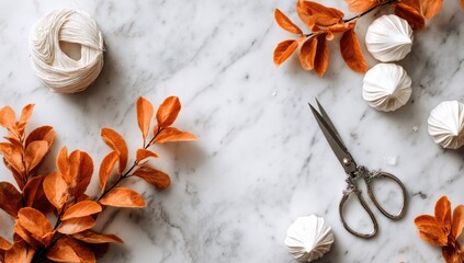 Autumnal craft supplies on marble