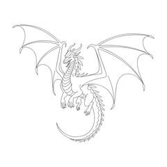 Intricate sketch of a mythical dragon with spreading wings and a curled tail