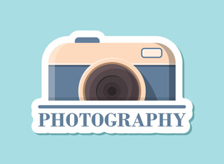Camera sticker icon in flat style. Photography vector illustration on isolated background. Photo sign business concept.