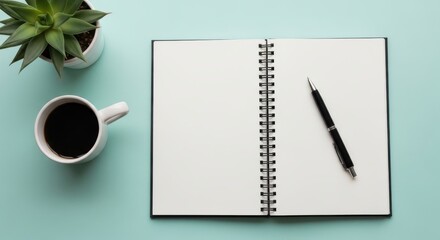 Open Notebook with Pen and Coffee Cup on a Light Blue Background