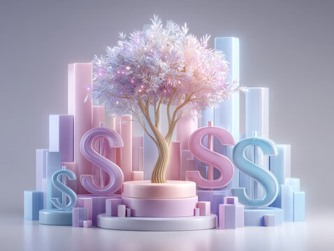 Money tree concept with glowing pastel cityscape and dollar signs symbolizing financial growth and prosperity in soft light
