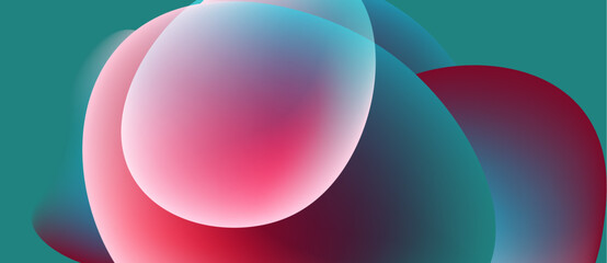 Abstract shapes overlap, creating soft gradients. Colors blendreds, blues, turquoiseforming fluid visual experience. Minimalist design.