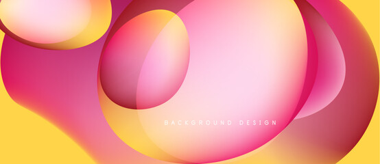 Abstract fluid shapes overlap, creating vibrant yellow, pink gradients. Modern design suggests movement, energy, smooth transitions.