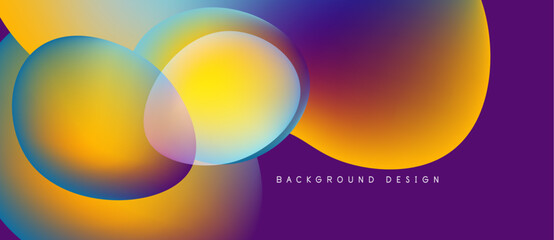 Abstract colorful shapes overlap, creating vibrant gradients. Purple background complements yellow, orange hues. Modern design element.