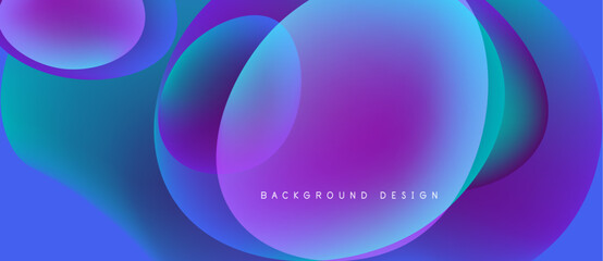 Abstract fluid shapes overlap, creating vibrant blue, purple gradients. Modern design evokes movement, energy, smooth transitions.