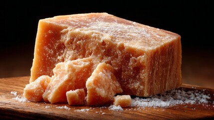Close-up view of a block of aged parmesan cheese with grated pieces and salt on a wooden board at a rustic kitchen setting