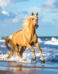 Fototapeta premium Palomino horse runs along ocean shore