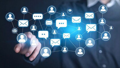 Person interacting with a digital network of communication icons