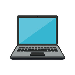Open laptop computer with blue screen on white background Keywords: laptop, computer, technology