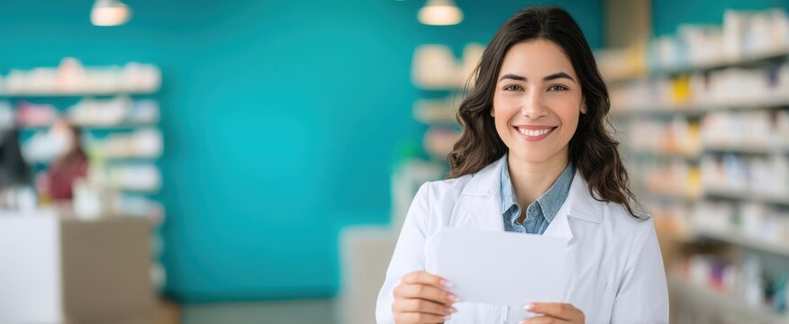 The smiling pharmacist holding a prescription in a modern pharmacy setting.