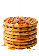 Isolated Stack Of Golden Waffles With Syrup Pouring Photo on Black Background