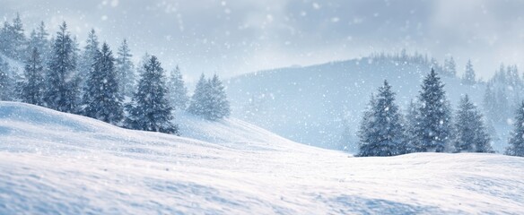 The serene winter landscape covered in fresh snow and gentle falling flakes.