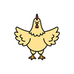 A cartoon chicken with outstretched wings, standing upright against a white background.