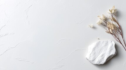 Serene White Stone and Dried Floral Arrangement on Minimalist Background with Soft Light
