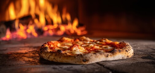 The delicious pizza baked in a traditional wood-fired oven.