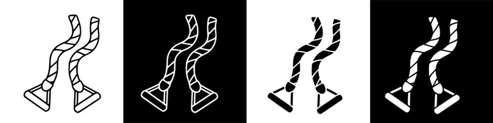 A graphic illustration of two rope tricep attachments for gym equipment, presented in black and white variations.