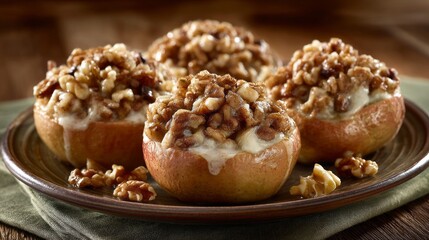 Baked apples filled with cinnamon raisins and nuts served on a rustic wooden table