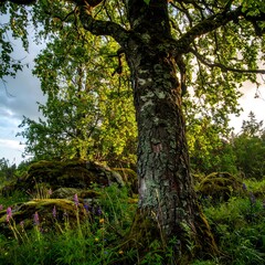 Obraz premium Lush woodland scene with sunlight