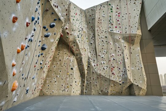 Unique climbing wall design with multiple routes for indoor bouldering in a modern facility