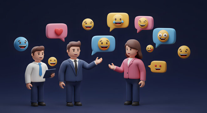 Animated Business People Communicating With Emoji Speech Bubbles Illustration, Showcasing Teamwork, Collaboration, and Emotional Expressions In Modern Workplace Dynamics and