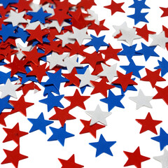 Isolated Star Shapes in Red White and Blue Scattered on Transparent Background