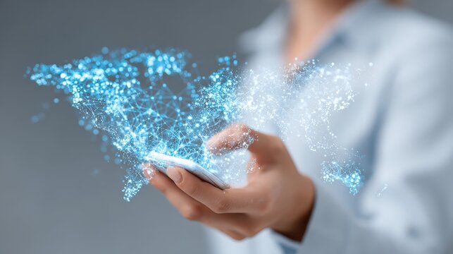 Person uses mobile phone to interact with digital world map network, connecting globe, showcasing worldwide communication and connectivity
