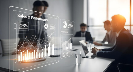 Futuristic office meeting with glowing digital sales and performance charts.