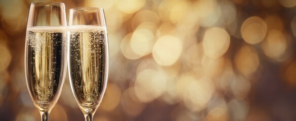 The elegant toast of champagne glasses against a sparkling golden background.