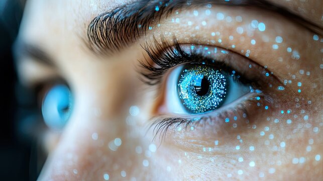 Close-up of human eye with digital overlay showcasing technology and vision