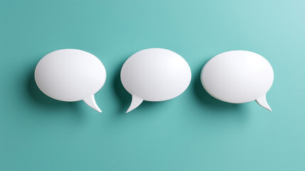 Three white speech bubbles on a turquoise background with copy space, communication bubbles, turquoise design, conversation theme, modern messaging, open space