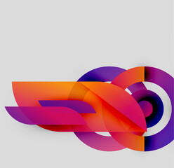 Abstract shapes overlap, creating vibrant gradients. Purple, pink, orange hues dominate neutral background. Modern design element.