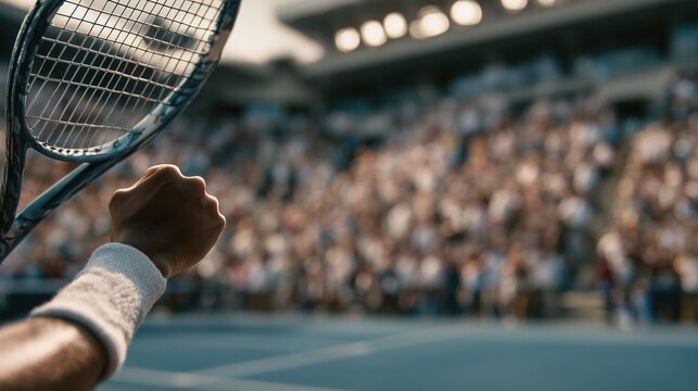 A close-up of a tennis player's hand gripping a racket, with a blurred crowd in the background. The scene captures the excitement of a live sports event.