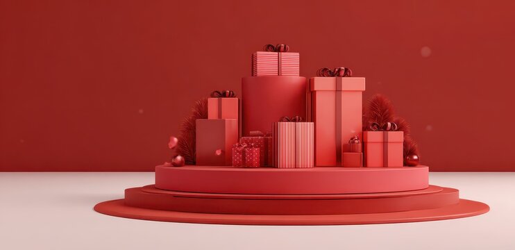 Merry christmas poster 3d rendering of a red podium with Christmas gift boxes on red background. New Year sale concept