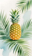 Fototapeta premium Watercolor painting of pineapple with palm leaves