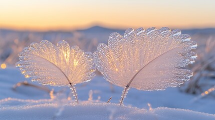 Delicate Ice Crystals Coating Two Feathers in a Frosty Winter Landscape at Sunset