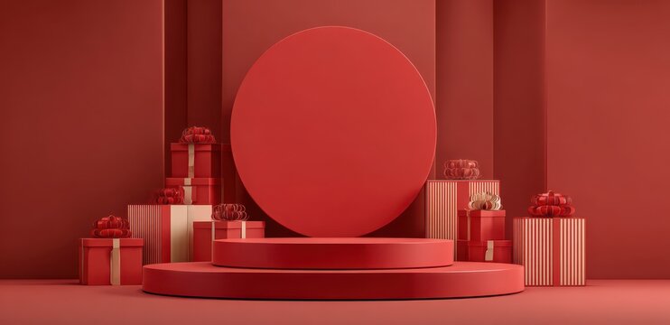 3D rendering Christmas background, New Year concept, copy space,with red gift box and decoration elements on red background, for product display, 20k resolution, realistic, detailed